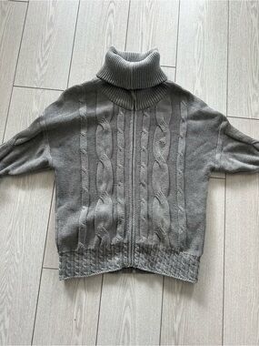 Lacoste Gray Cable-Knit Zip Turtleneck Sweater